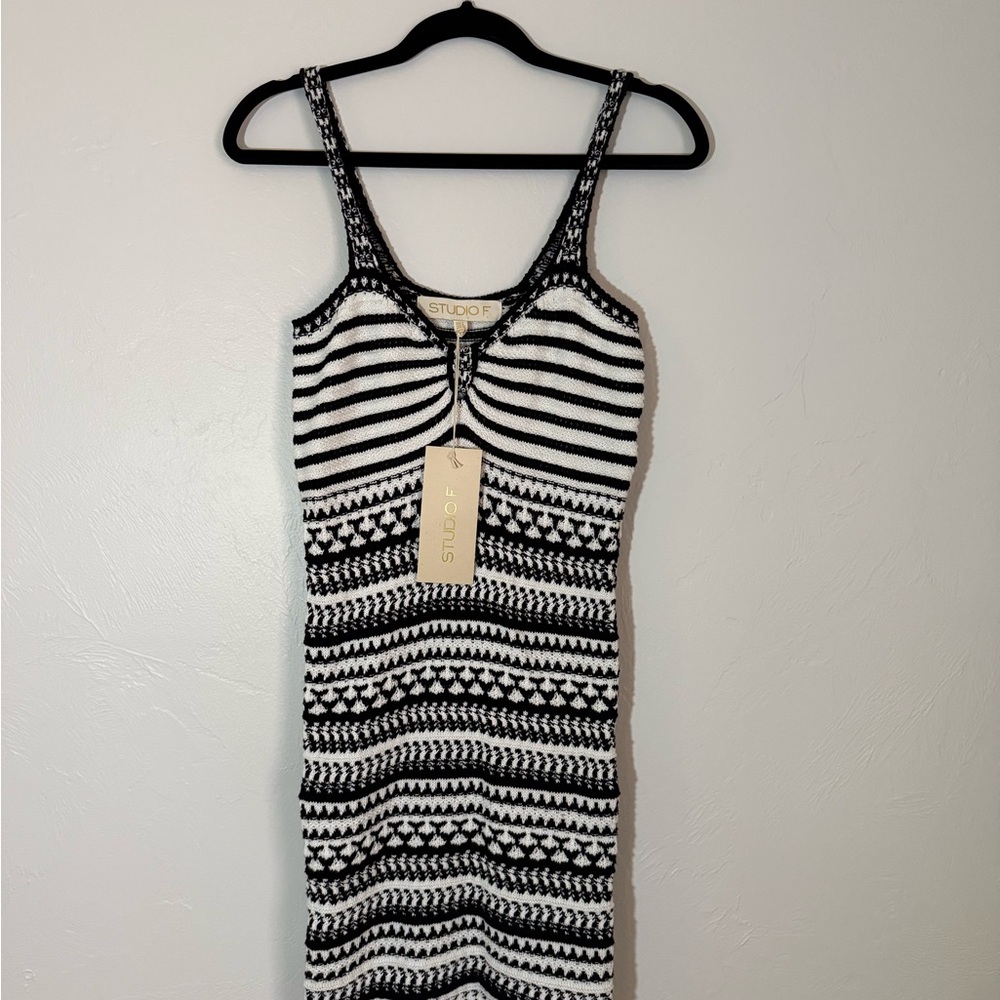 STUDIO F Black and White Striped Crochet Dress